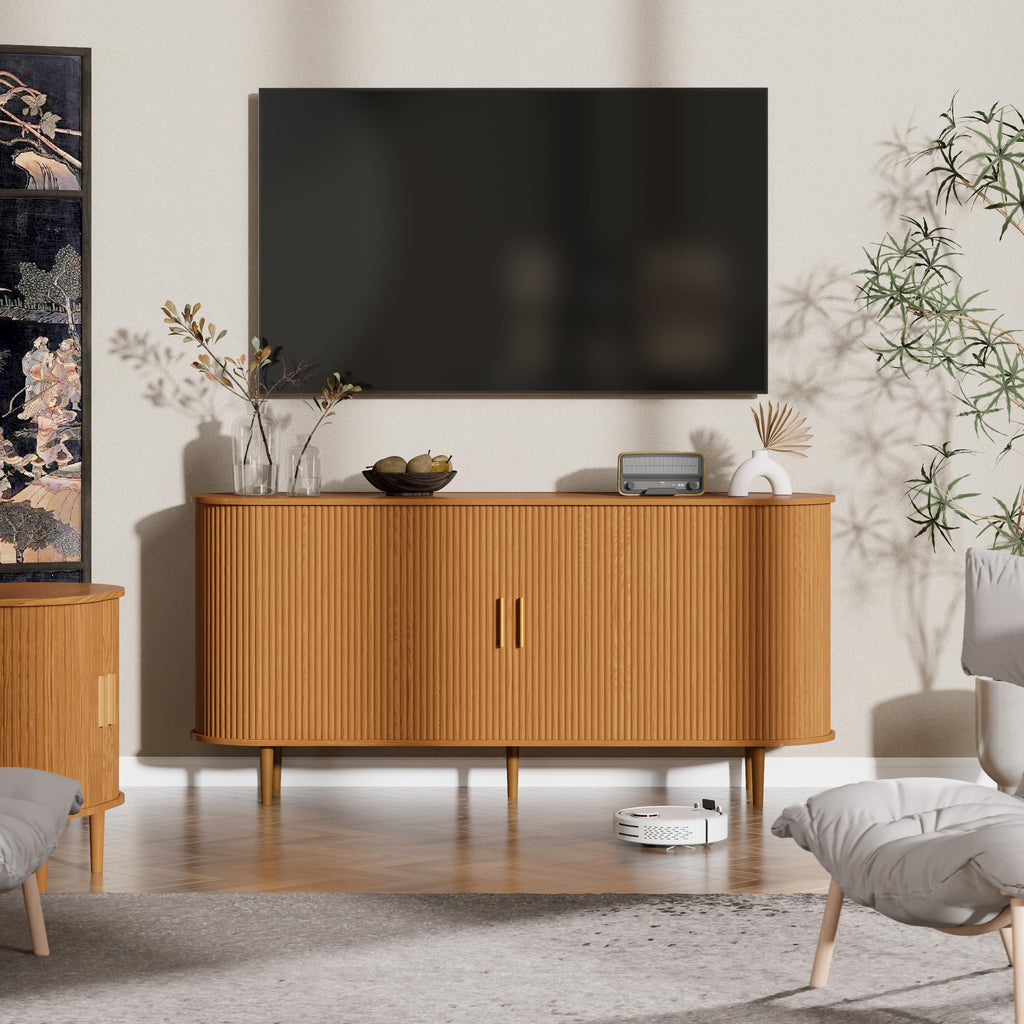 63" Sideboard Buffet Cabinet with Storage, Mid Century Modern Fluted Accent Coffee Bar Console Table, Tambour Sliding