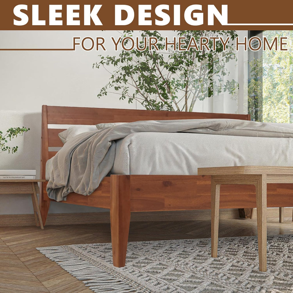 Emery Bed Frame with Headboard Solid Wood Platform Bed, Queen Size Bed Frame, Mid - Century Modern Wood Bed