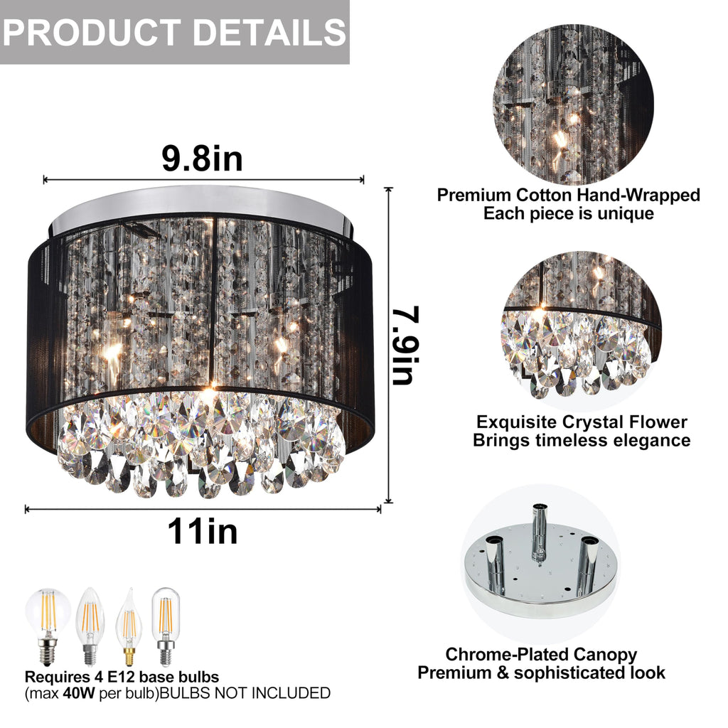 Black Mini Crystal Flush Mount Ceiling Light - 3-Light Drum Chandelier, or Living Room, Small Modern Lighting