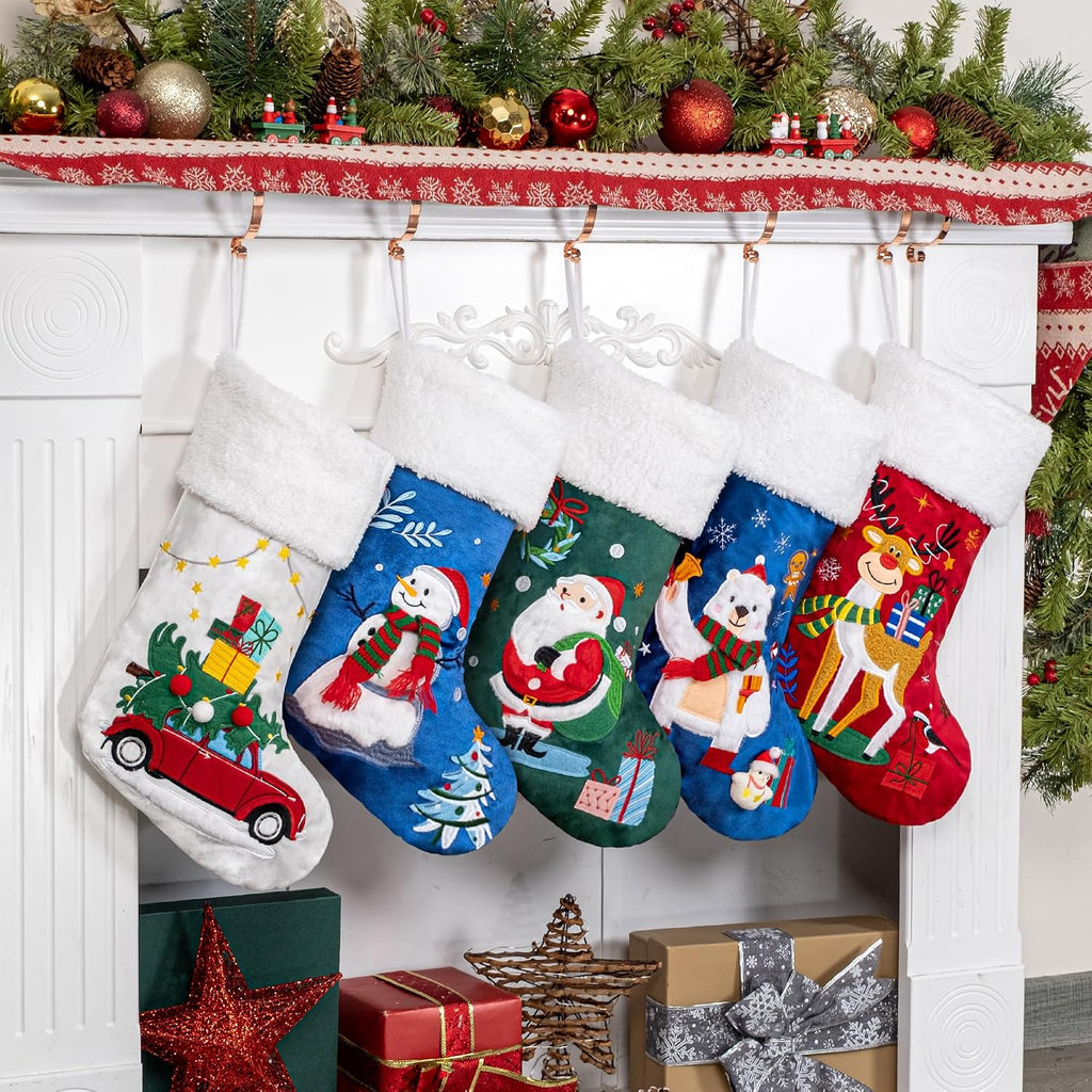 Christmas Stocking 5 Pack Green Blue Red Velvet Embroidery Pattern Soft Faux Fur for Family Decorations Hanging