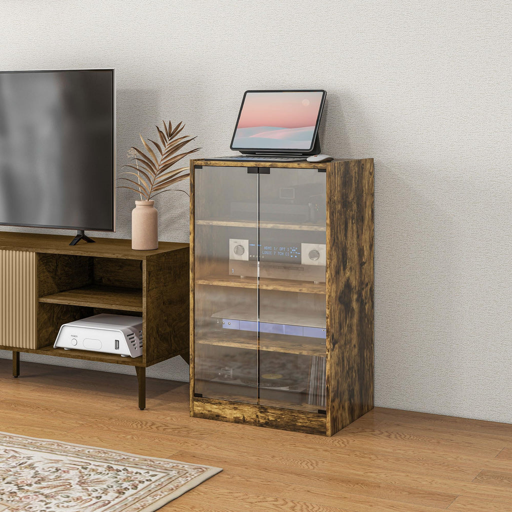 Media Cabinet, 4-Tier Stereo Cabinet, Modern Audio Video Media Stand with Adjustable Shelves, Tempered Glass Doors