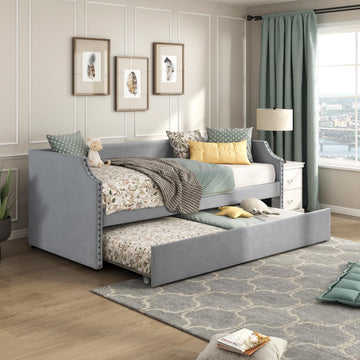 Twin Daybed with Trundle, Nailhead Trim, Fabric, Gray