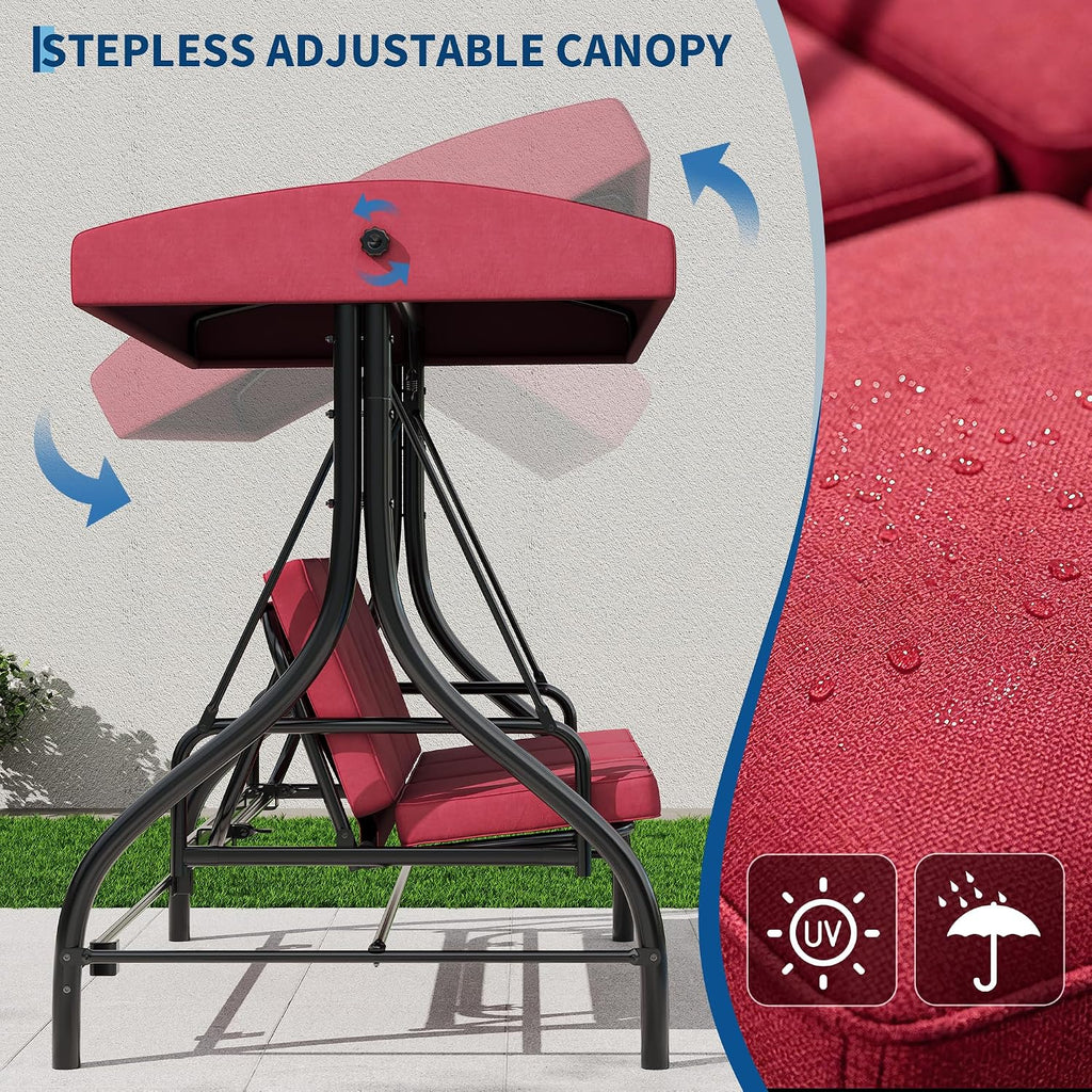 3-Seat Patio Porch Swing with Stand, Convertible Outdoor Swing Bed with Adjustable UV-Resistant Waterproof Canopy