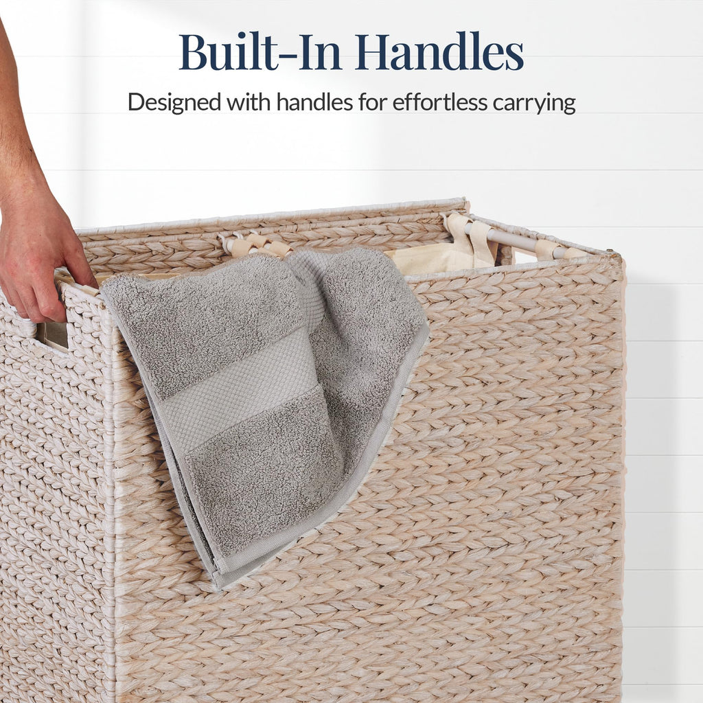 Large Laundry Hamper with Lid, Natural Handwoven Hyacinth Laundry Basket, W/Removeable & Washable Liner Bag