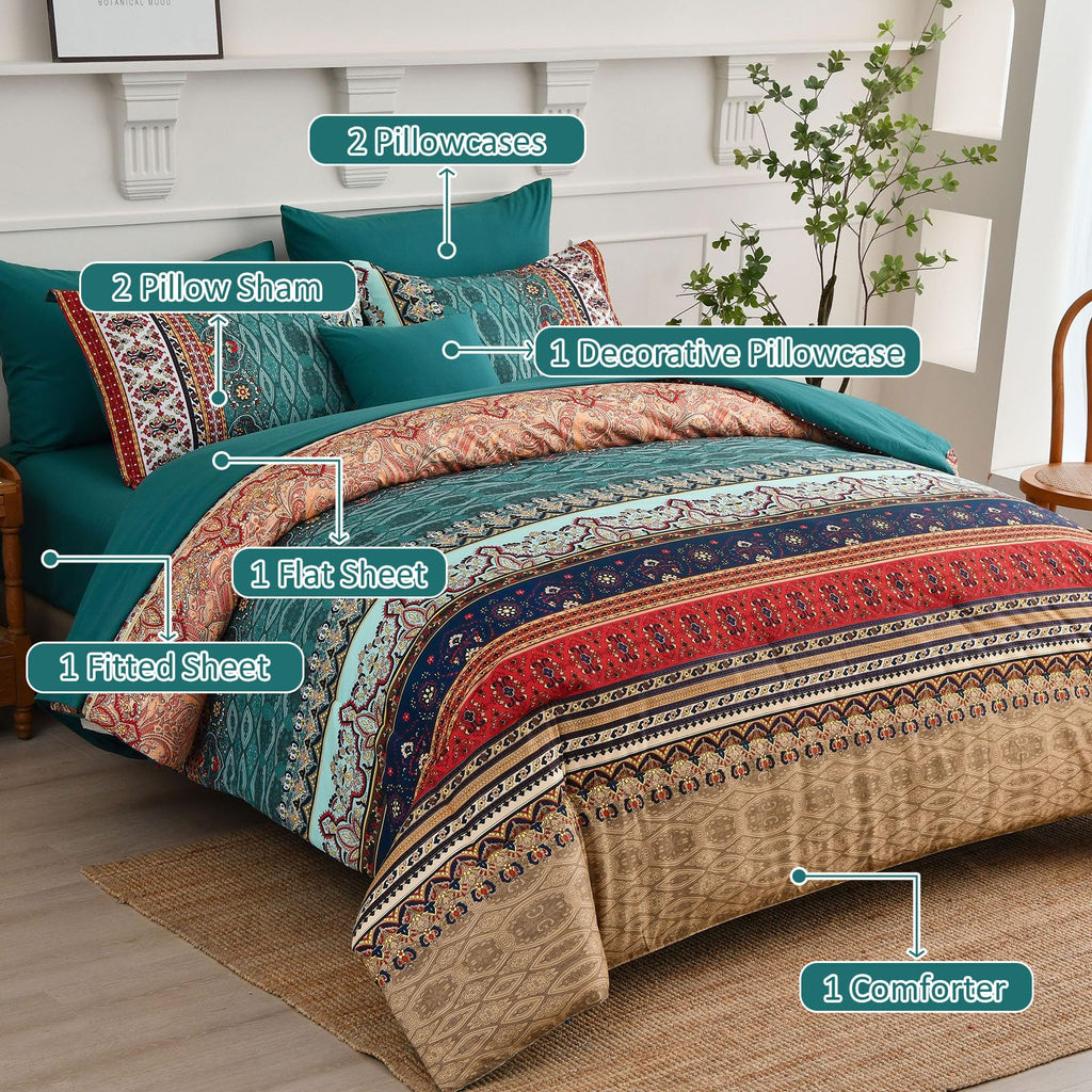 Boho Queen Comforter Set, 8 Pieces Striped Bed in a Bag