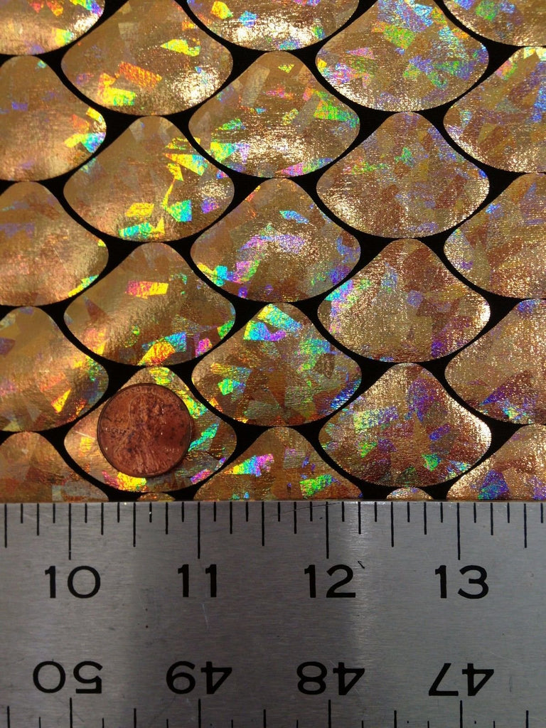 Shiny Holographic Foil Mermaid Scales Pattern on Black Stretch Nylon Spandex Shiny Tricot Fabric by The Yard (Gold)