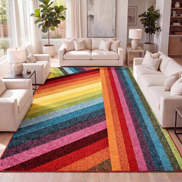 Retro Rainbow Stripe Multi Indoor Area Rug, Contemporary, Casual, Coastal, Easy-Cleaning, Pet Friendly
