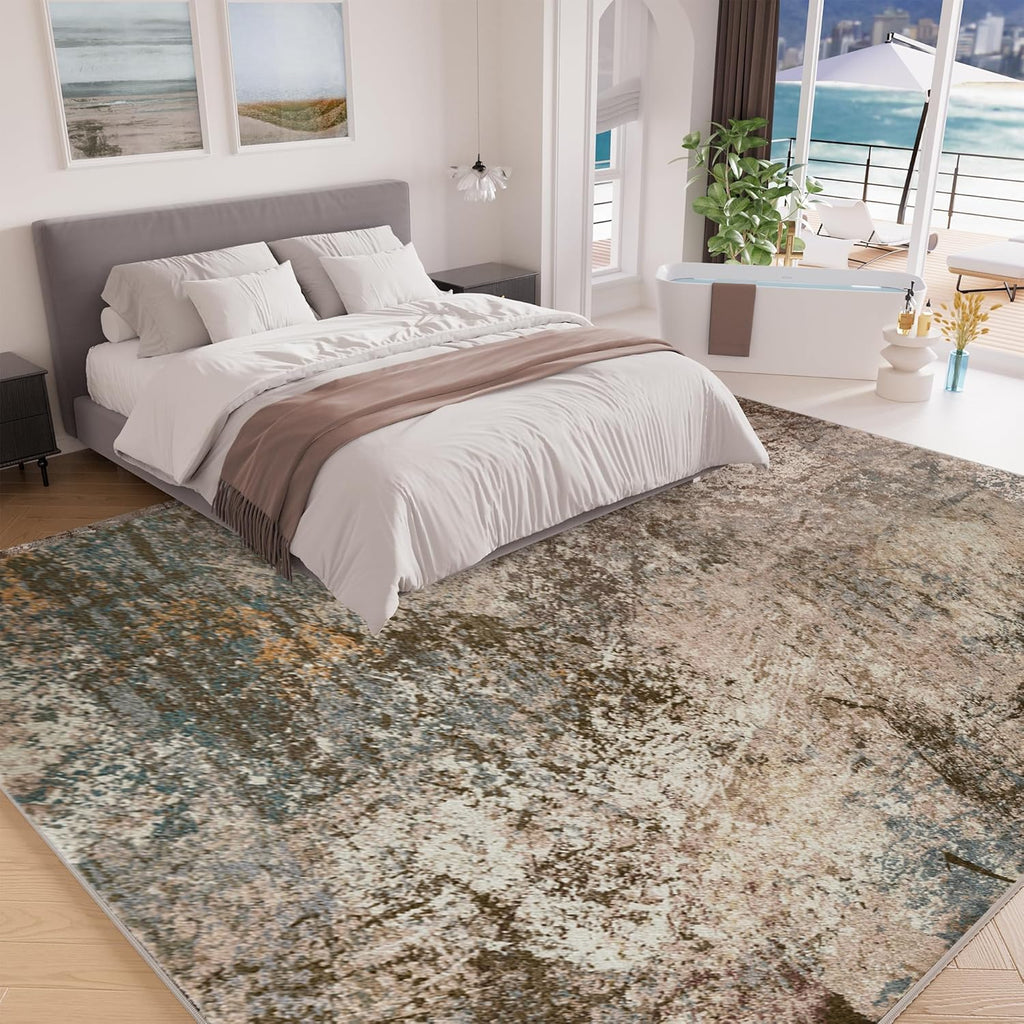 8x10 Modern Abstract Rug for Living Room, 8'x10' Washable Area Rug with Non-Slip Backing & Short Pile, Large Carpet with