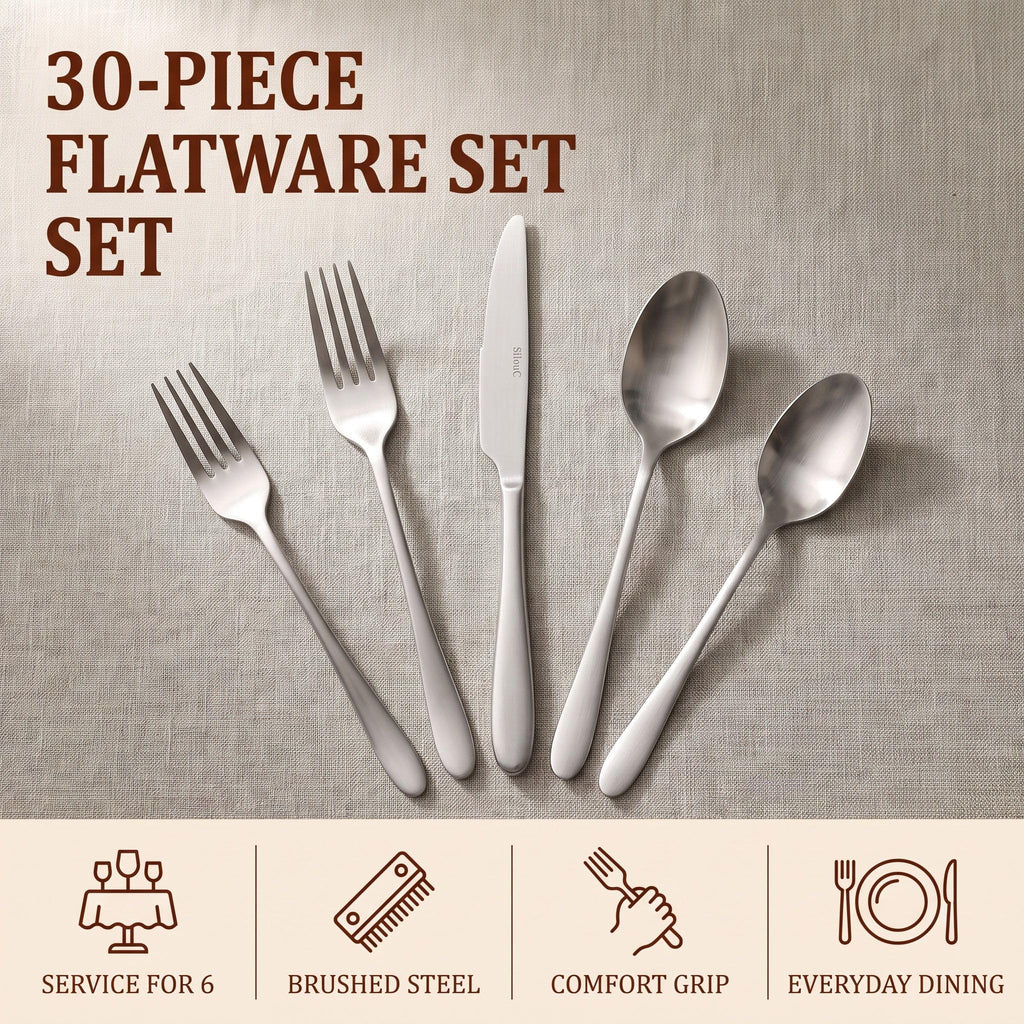 40-Piece Silverware Set & Flatware Set, Hammered Square Handle Silver Stainless Steel Service for 8, Matte Satin
