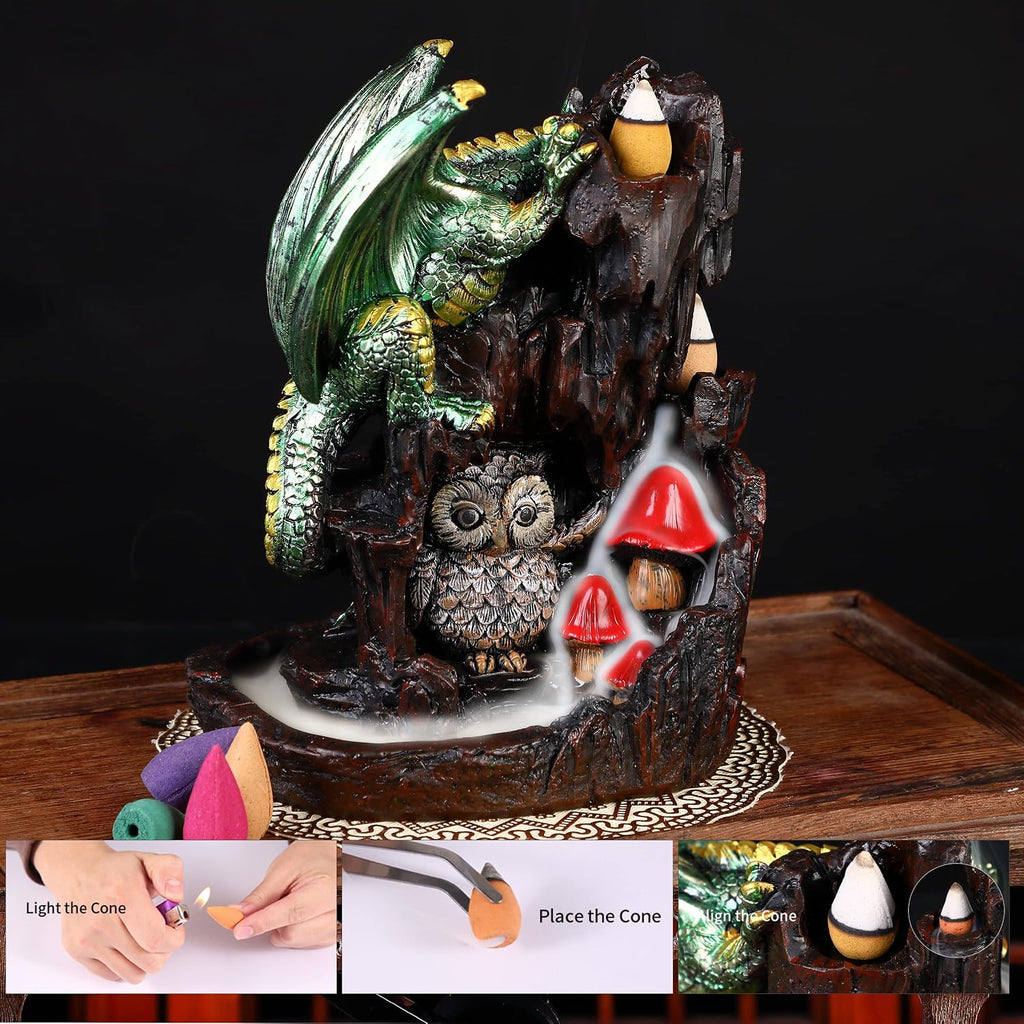 Dragon Backflow 2 Sided Mountain Waterfall Incense Burner,Fountain Smoke Incense Holder with Backflow Incense Cones