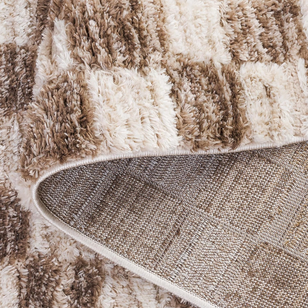 Seattle Shag Collection Runner - 2'3" x 8', Ivory & Brown, Checkered Pattern, 1-inch Thick, Ideal for the Living