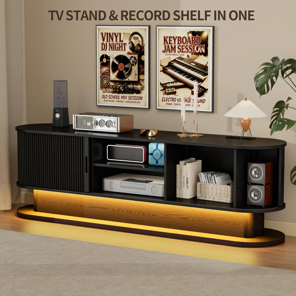 70" Fluted TV Stand with Power Outlet for TVs up to 80", Mid Century Modern TV Console with LED Lights and