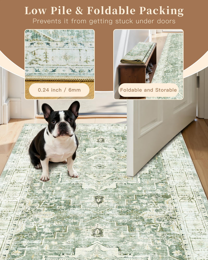 Washable Runner Rug 2x6 Runners s Non Slip, Green/Ivory