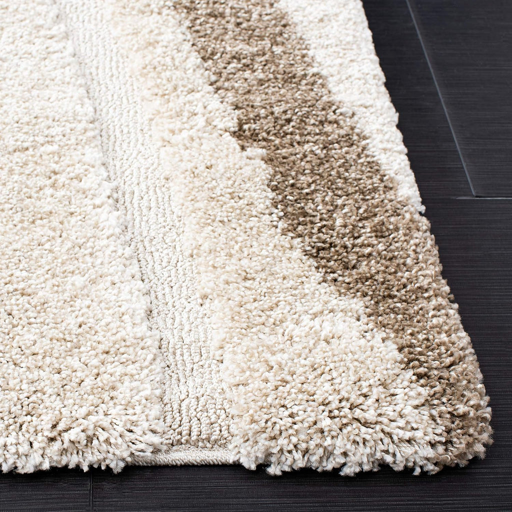 Florida Shag Collection Area Rug - 5' Square, Cream & Dark Brown, Stripe Design, Non-Shedding & Easy Care, 1.2-inch