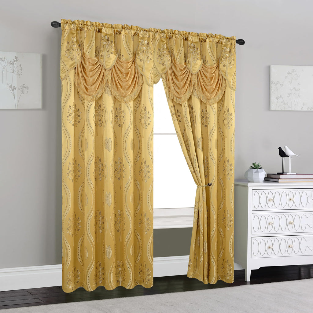 Aurora Jacquard Look Curtain Panel Set with Attached Valance 54" X 84 inch (Set of 2), Gold