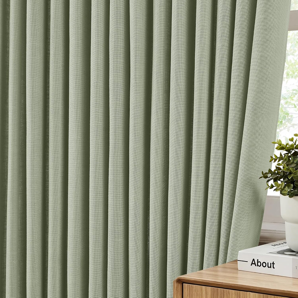 Privacy Pinch Pleated Linen Curtains W70xL102 Inch 1 Panel for Living Room Bedroom Light Filtering Semi Sheer Sage