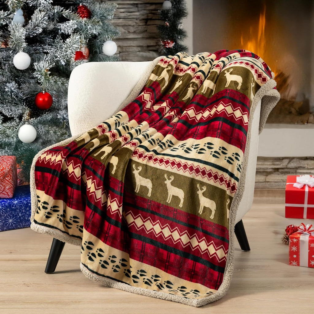 Premium Christmas Sherpa Throw Blanket, Green Red Cabin Design with Reindeer Print, Ultra Soft Reversible Fleece &