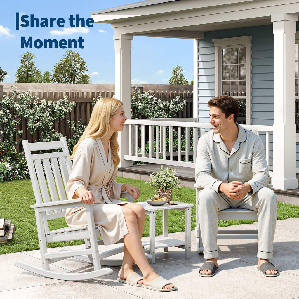 HDPE Rocking Chair Outdoor Set of 2 with Side Table, High Back Rocker