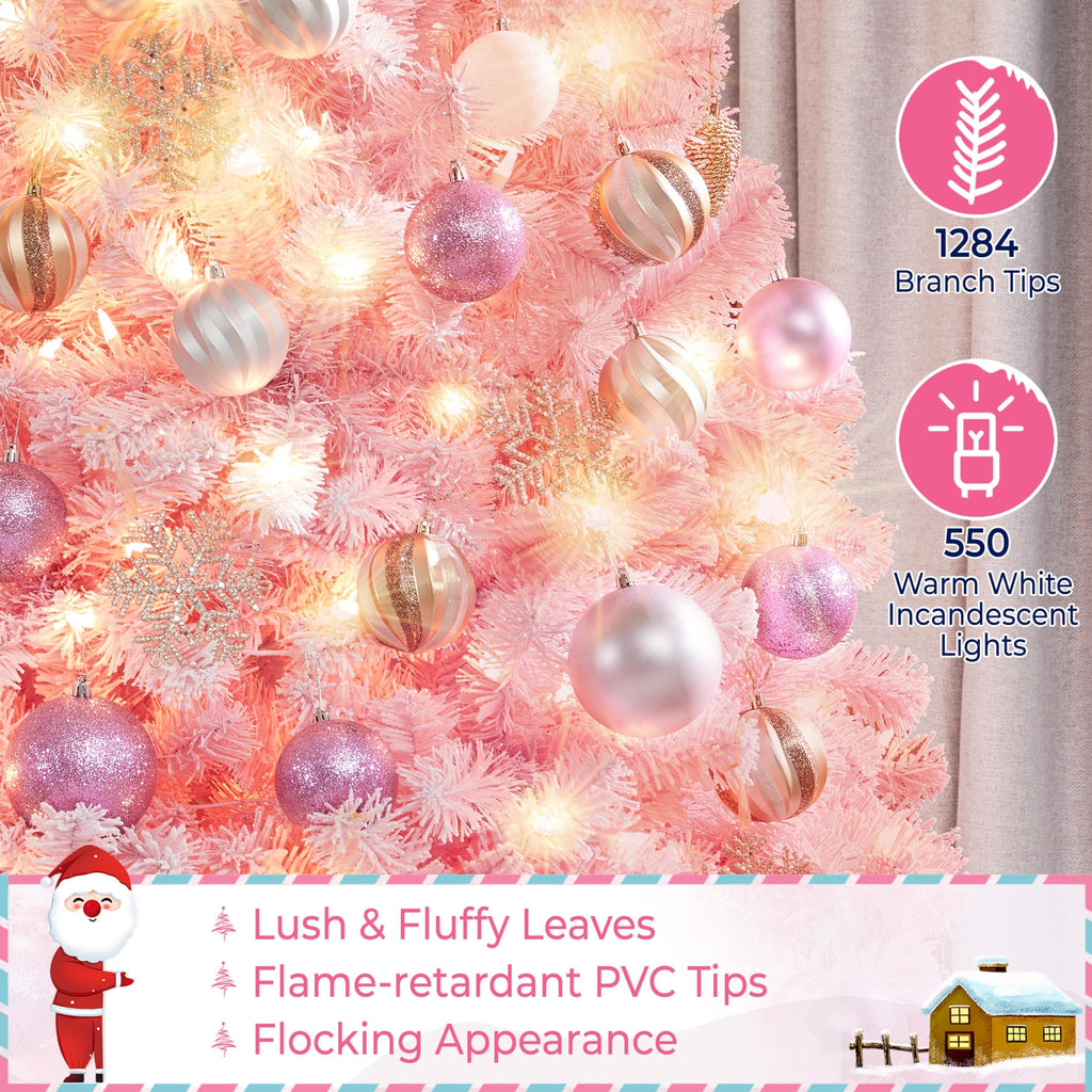 7.5ft Prelit Flocked Christmas Tree, Pink & White, 550 Lights