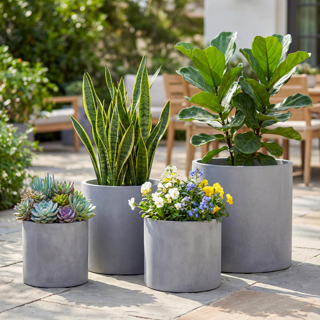 12 Inch Fiberstone Planter - Lightweight Modern Cylinder Plant Pot with Drainage Hole & Plug, Authentic Concrete