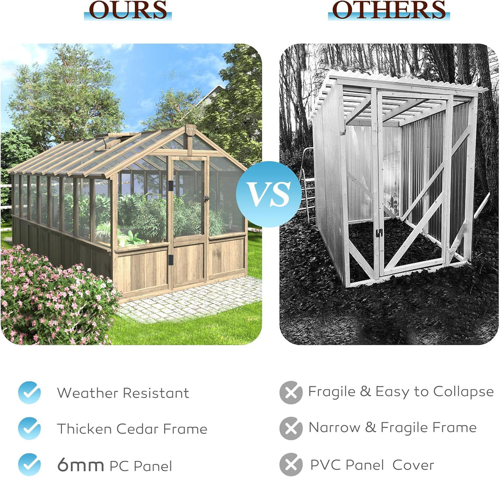 8x16 FT Greenhouse for Outdoor, 6MM Thick Polycarbonate Panel Wooden Walk-in Green House with Adjustable Roof Vents