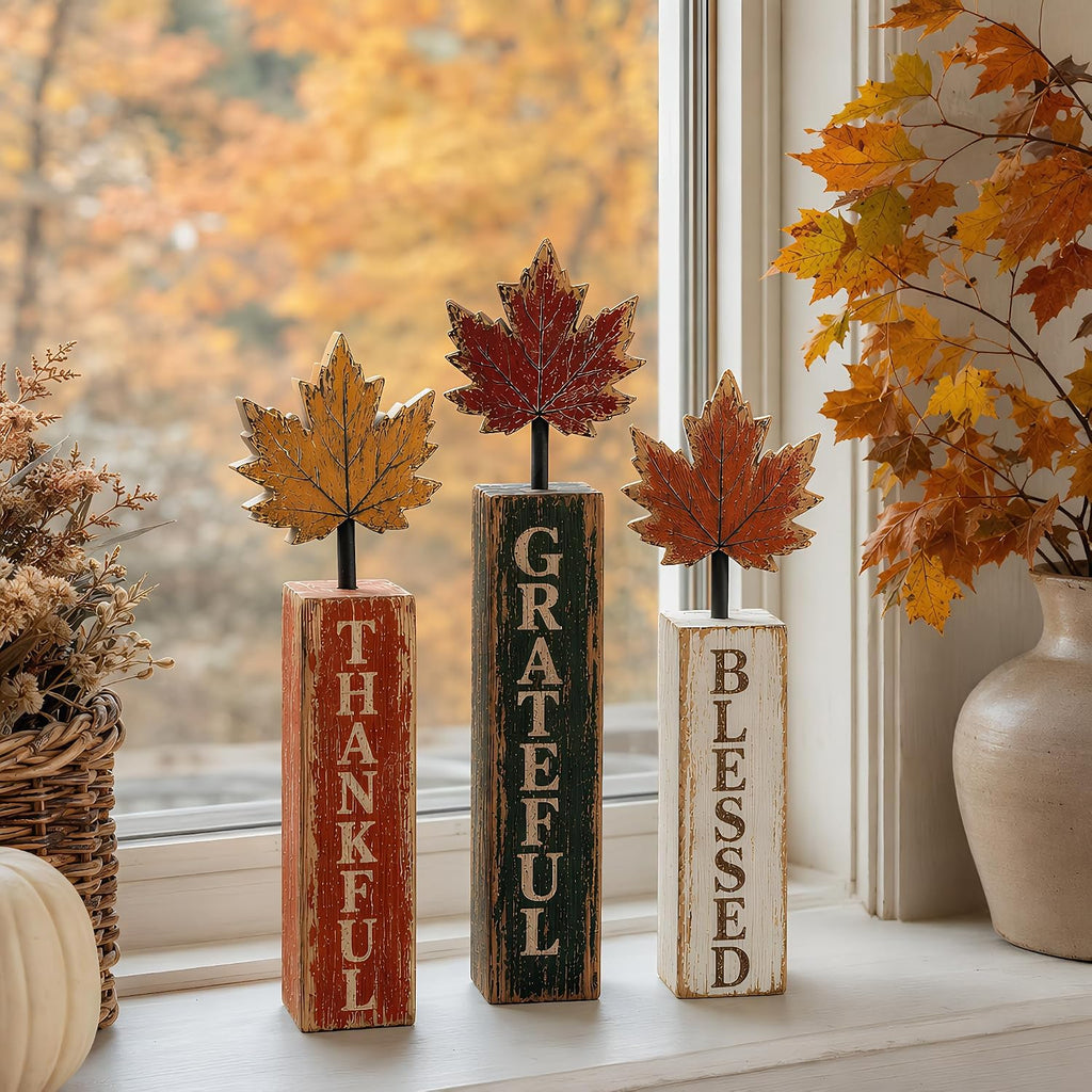 Fall Decorations Fall Table Decorations Blessed Grateful Thankful Wooden Block Sign, Thanksgiving Decorations - Set of 3
