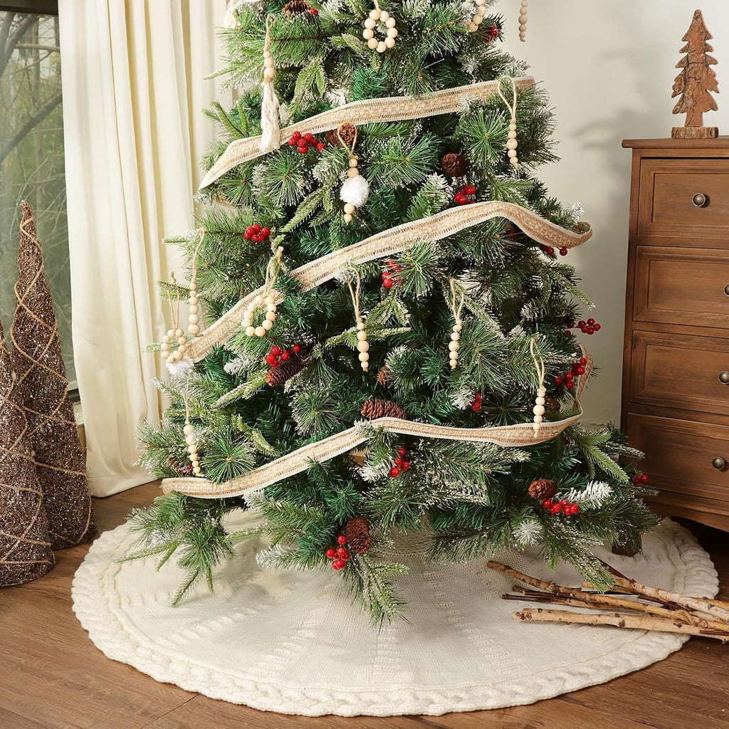 48 Inch Christmas Tree Skirt: Braided Cable Knit Tree Skirt for 7.5FT Tree, Cream White Tree Skirt, Vintage Tree