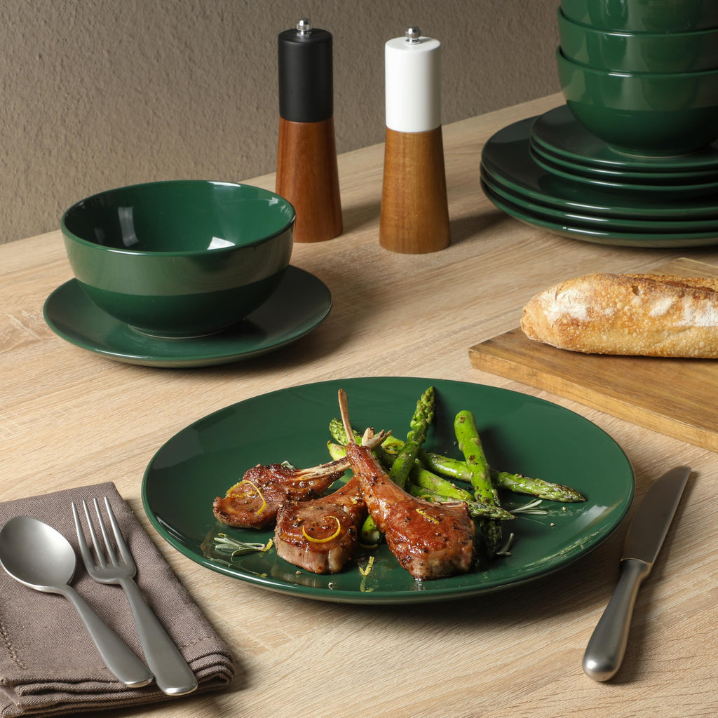 Simple Essential (Service for 4) 12 Piece Plates and Bowls Porcelain Solid Color Dishes Ceramic Dinnerware Set