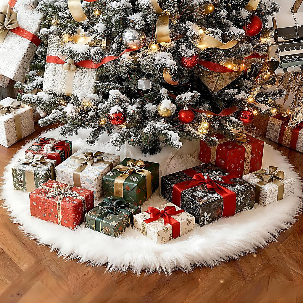 Christmas Tree Skirt 60 Inch White - Fluffy Faux Fur Christmas Tree Mat & Decoration for Indoor Outdoor Use