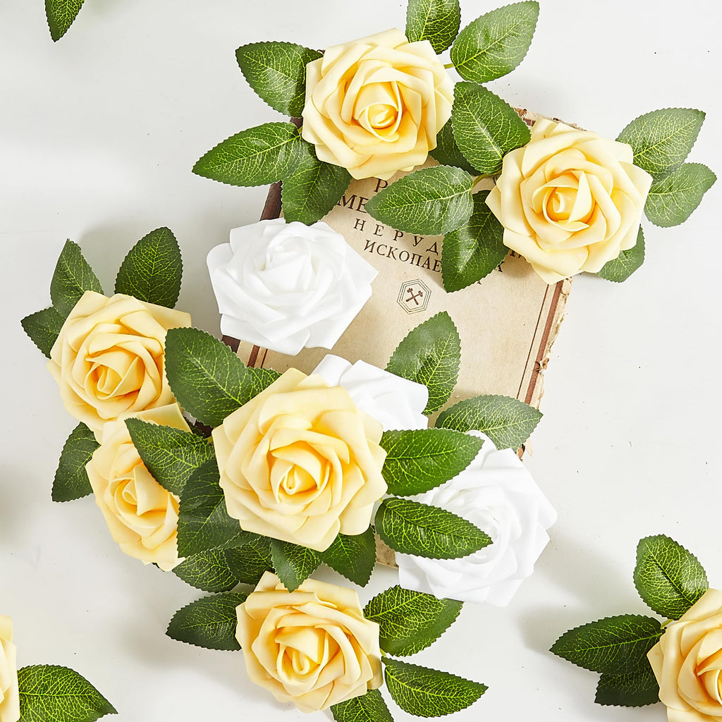 Artificial Flowers, 50pcs Yellow and White Artificial Rose for DIY
