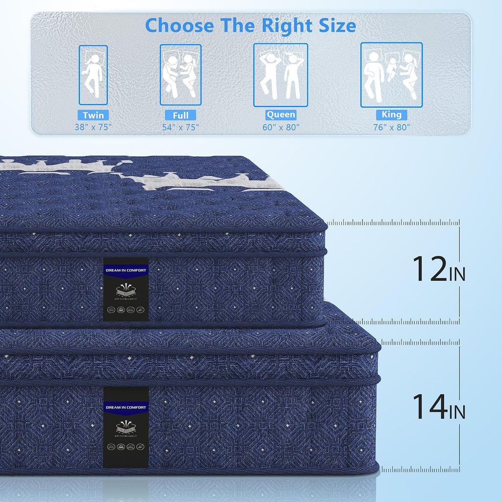 Full Mattress, Crown Hybrid Mattress in a box, Medium Firm Mattress(14 in) | Cool and Breathable Knit Fabric