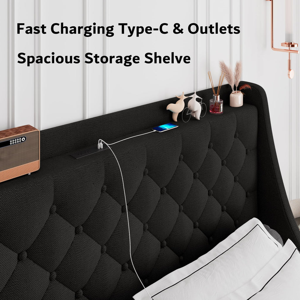 King Bed Frame with 4 Storage Drawers, Upholstered Platform Bed Frame with Type-C & USB Ports, Wingback Storage
