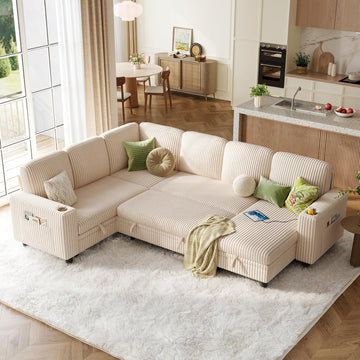 L Shaped Sectional Pull Out Couch, 6 Seats Corduroy Sleeper Sofa with Storage Chaise&Seat and Versatile Armrest, 106"