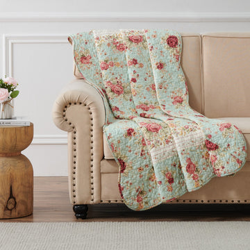 Antique Rose - Classic Traditional Floral - 100% Cotton Quilted Throw Blanket, 50 x 60 inches, Blue