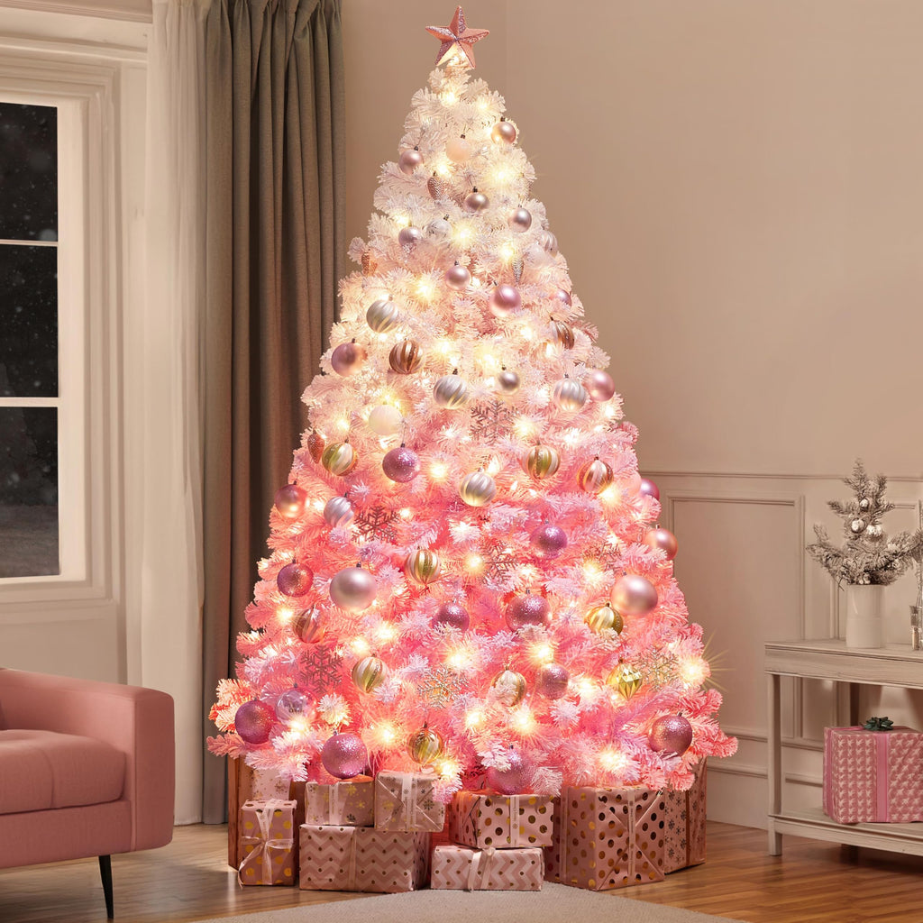 7.5ft Prelit Flocked Christmas Tree, Pink & White, 550 Lights