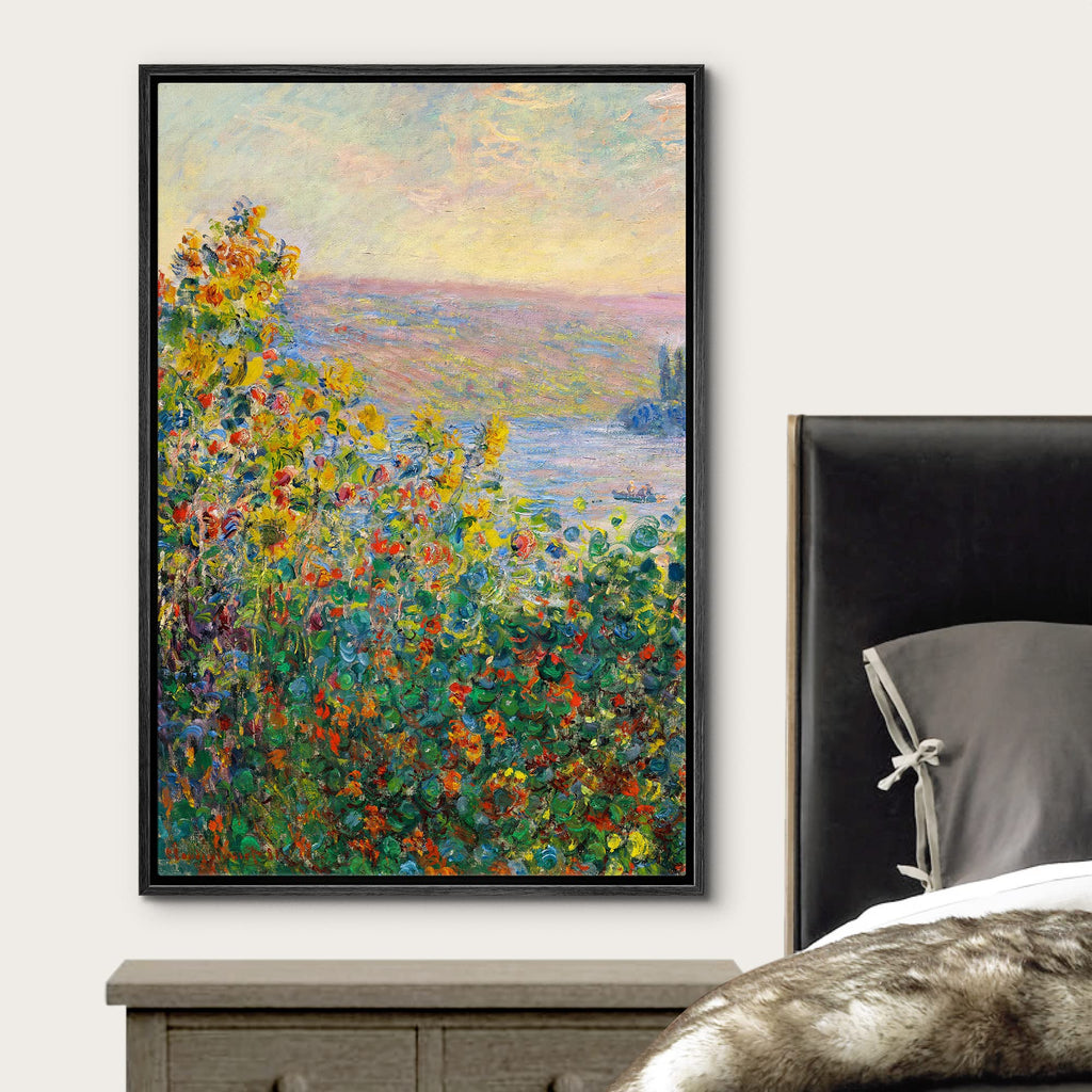 Flower Beds at theuil by Claude Monet - Framed Canvas Print Wall Art Famous Painting Reproduction - 16"x24" Black