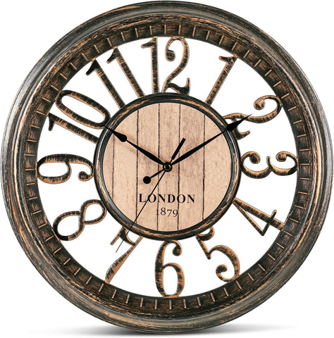 Bernhard Products Large Wall Clock 16 Inch Non Ticking Battery Operated Brown Rustic Farmhouse Vintage Design Stylish