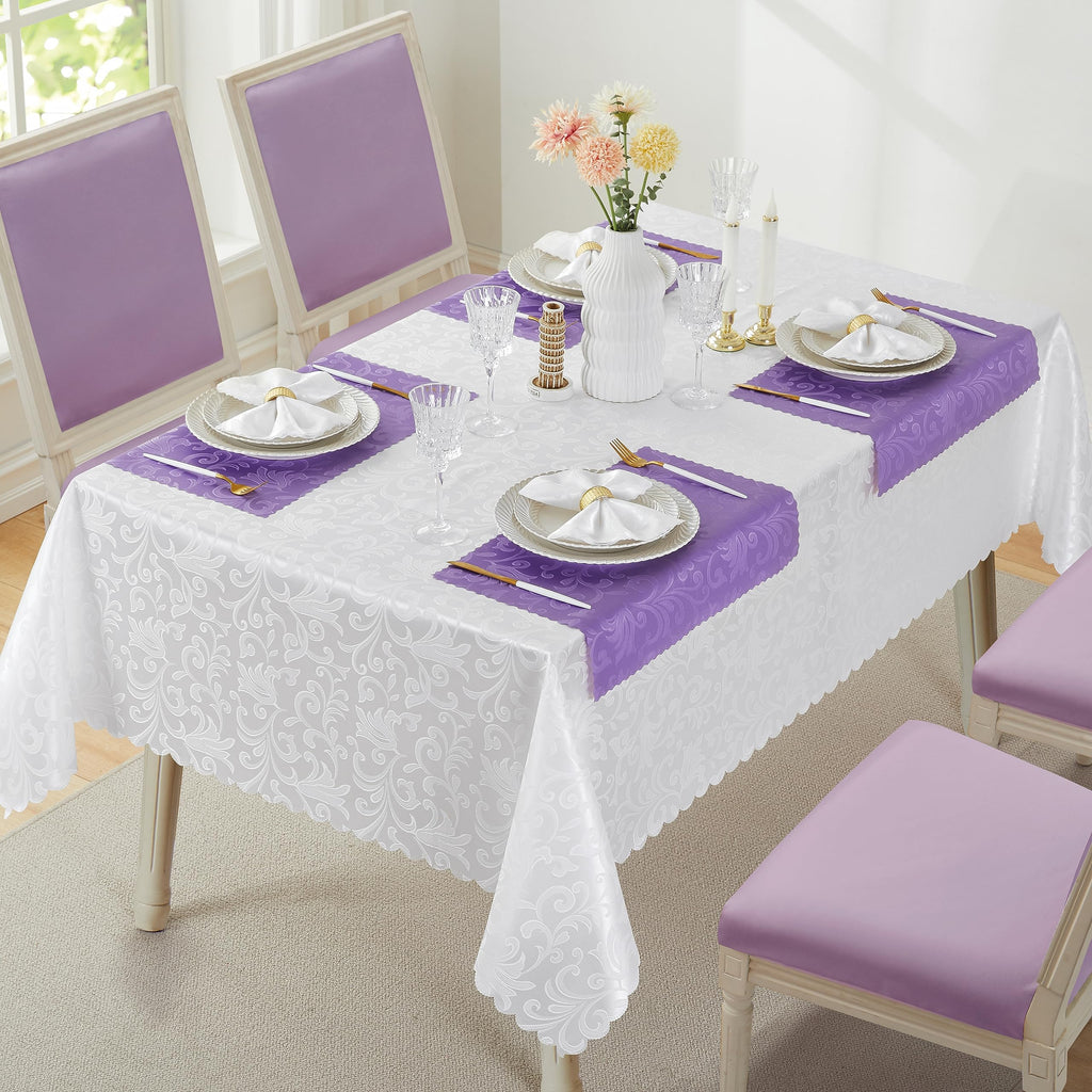 Wave Scroll Damask Jacquard Rectangle White Tablecloth 60" 120", Wipeable Table Cover for Dining Table, Buffet Parties
