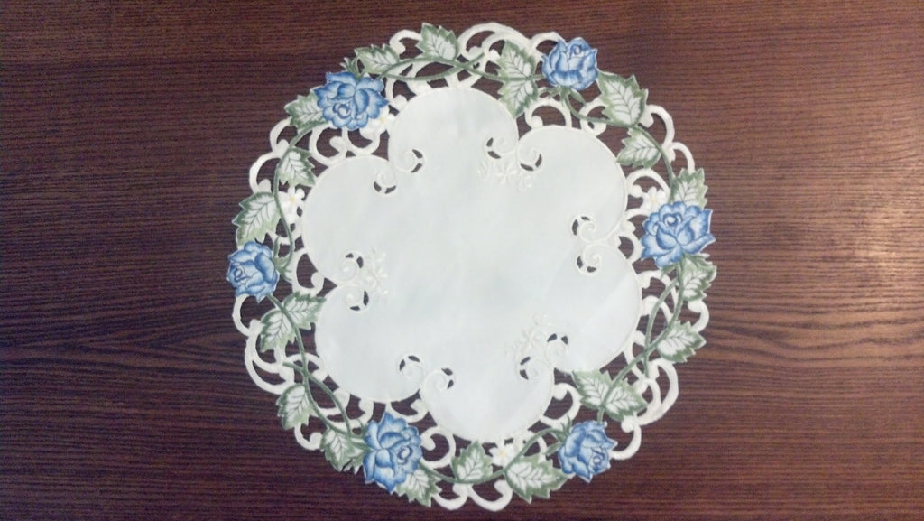 Round Doily with a Blue Rose on Ivory Material, Size 7 inches