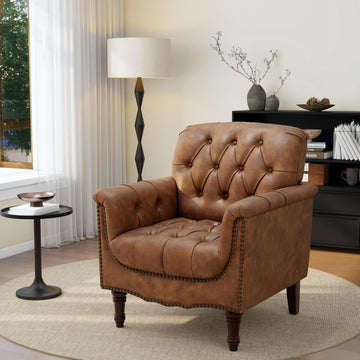 Faux Leather Accent Chair, Button Tufted Upholstered Armchair, Brown