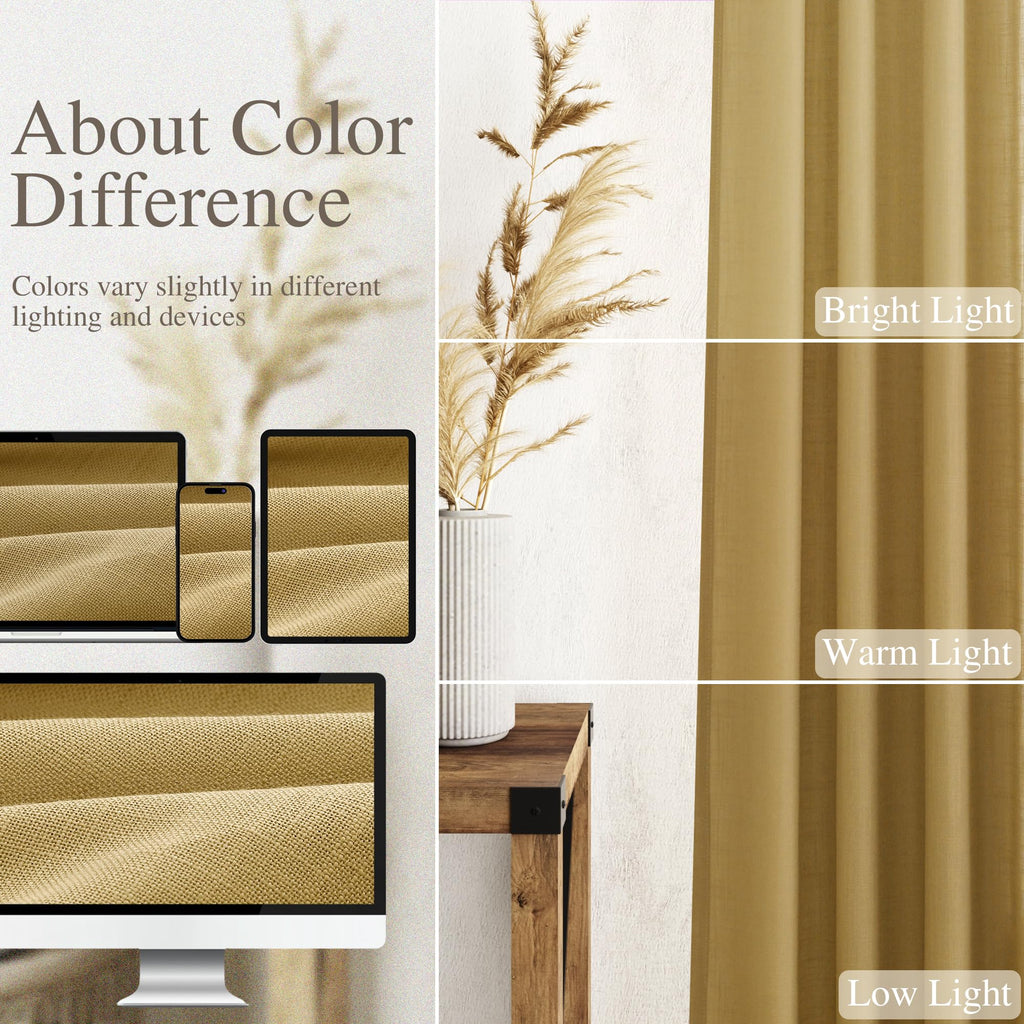 Gold Linen Curtains Semi Sheer Gold 96 Inches Long 2 Panels Set Back Tab Rod Pocket Light Filtering Drape Modern