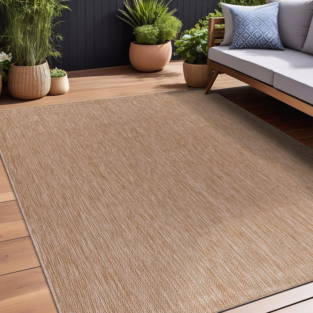 Indoor Outdoor Rug 8x10, Washable Outside Carpet , Deck, Porch, Solid Modern Area Rug, Water Resistant, Jute Beige
