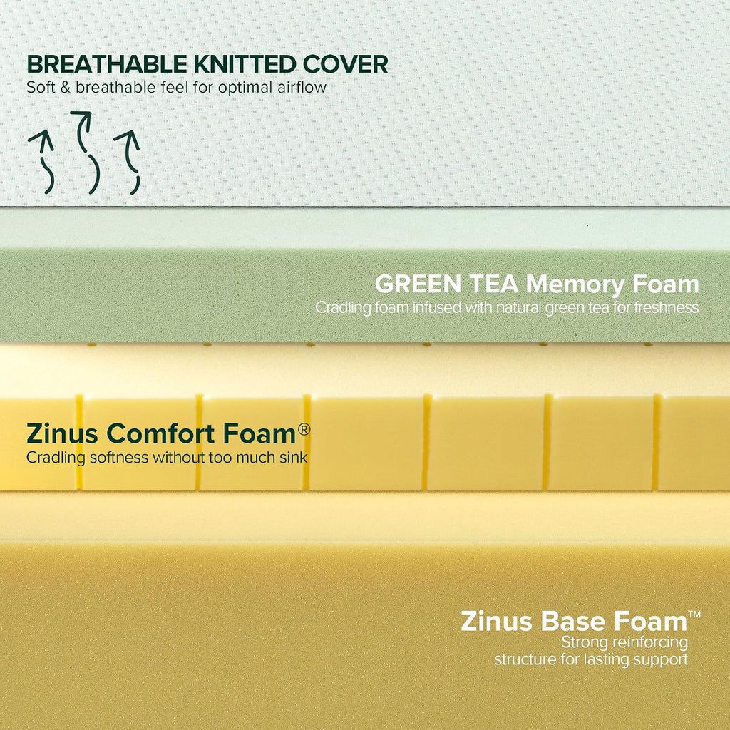 12 Inch Green Tea Memory Foam Mattress, Queen, Fiberglass Free, Patented Custom Contour Support, Sturdy Base Foam