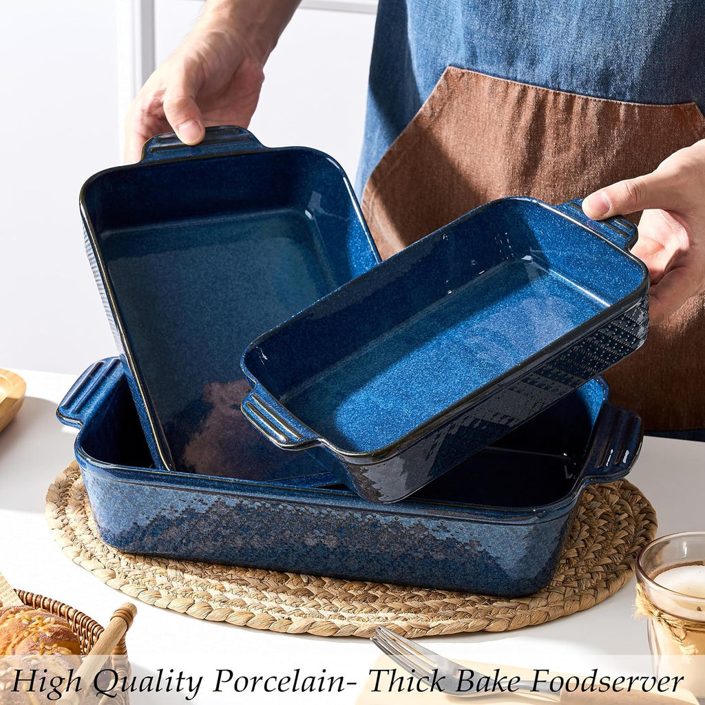 Ceramic Dish Set of 3, Casserole Dishes for Oven, Square Porcelain Bakeware Set with Handles, Lasagna Pan for
