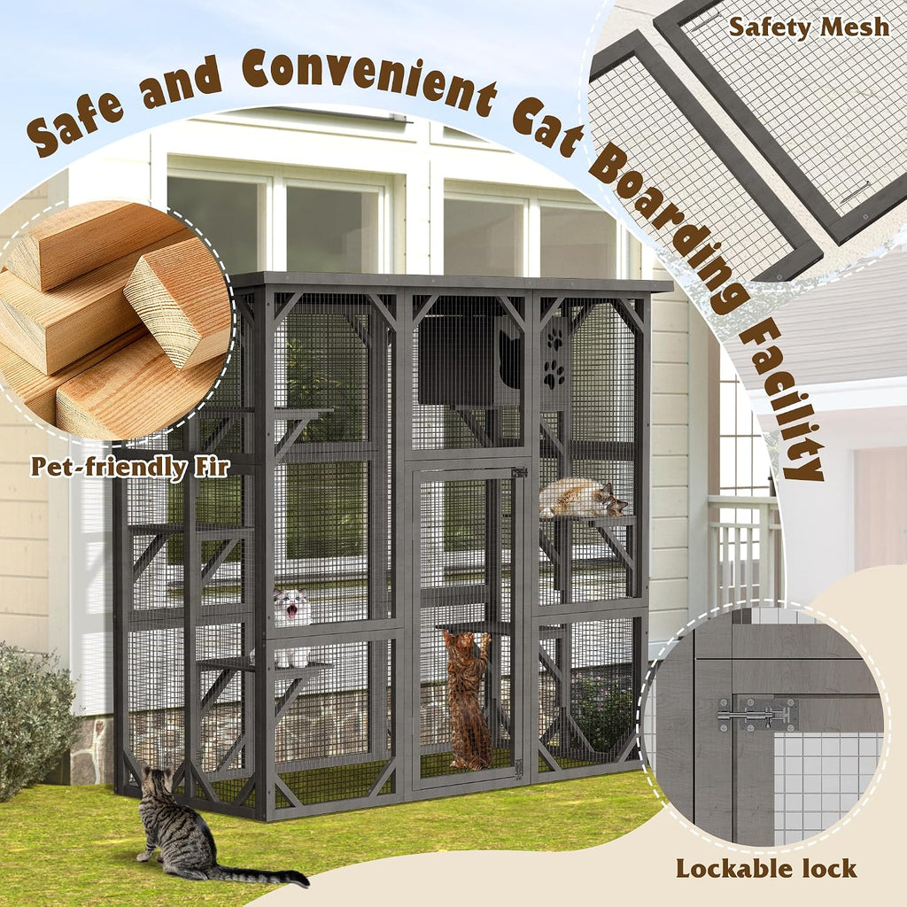 Catio Outdoor Cat Enclosure, Wooden Cat House with Resting Box, Grey