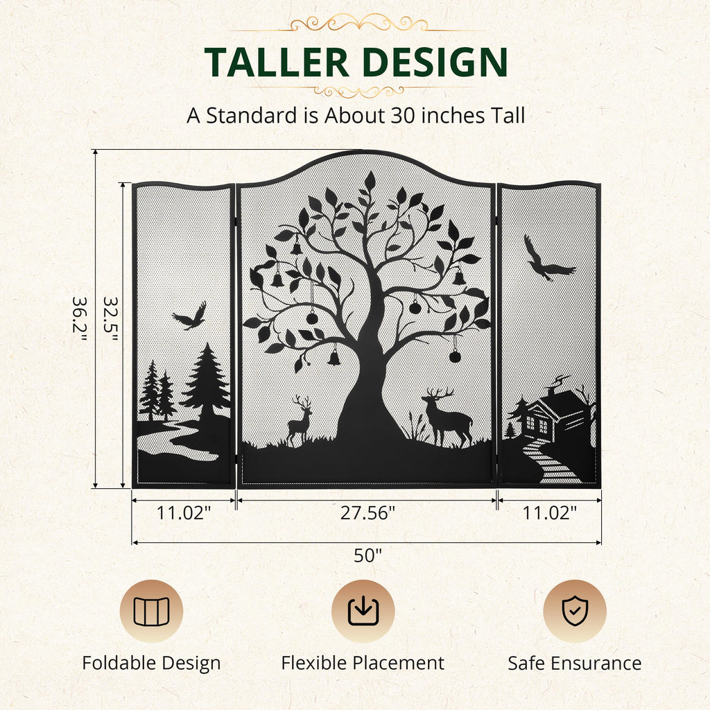 50" x 36" 3-Panel Fireplace Screen, Tree Pattern Fire Guard, Rustic