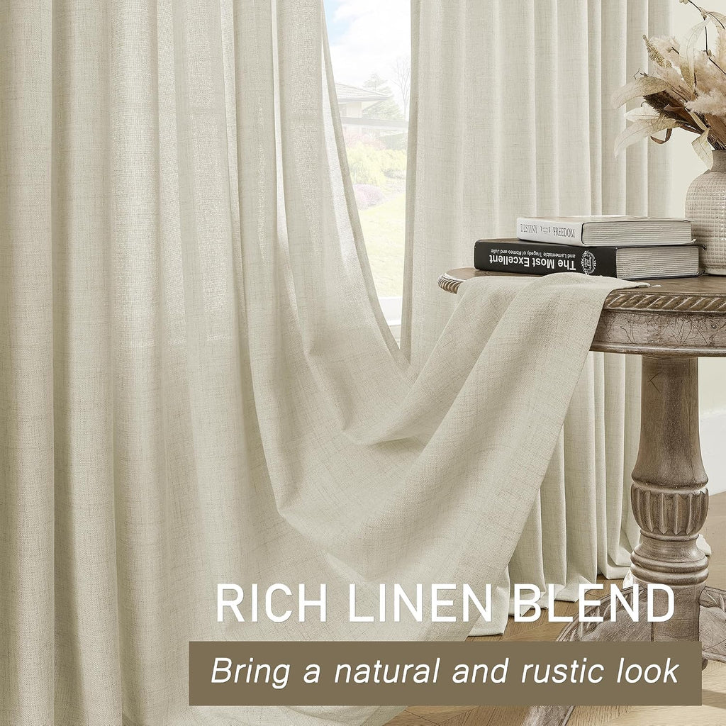 Faux Linen Pinch Pleated Curtain, Extra Long Pinch Pleat Semi Sheer Drapes with Hooks for Traverse Rod, Light