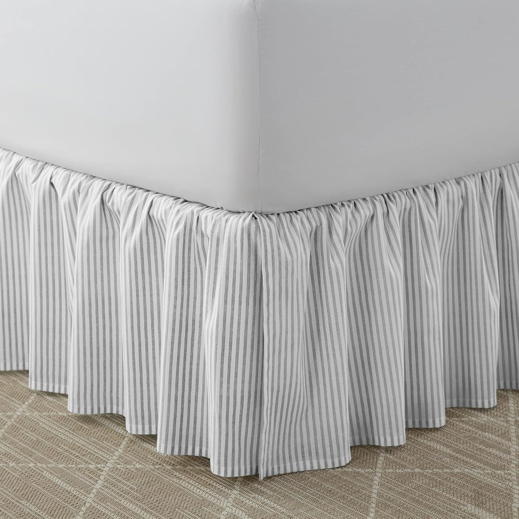 Home - Cotton Ruffled Bedskirt, Lightweight & Classic Style (Ticking Stripe Grey, Queen)