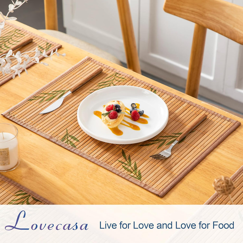 Placemats, Bamboo Table Mats Set with Leaf Pattern, 18'' × 12'' Woven Placemat, Washable Heat-Resistant - Set of 6