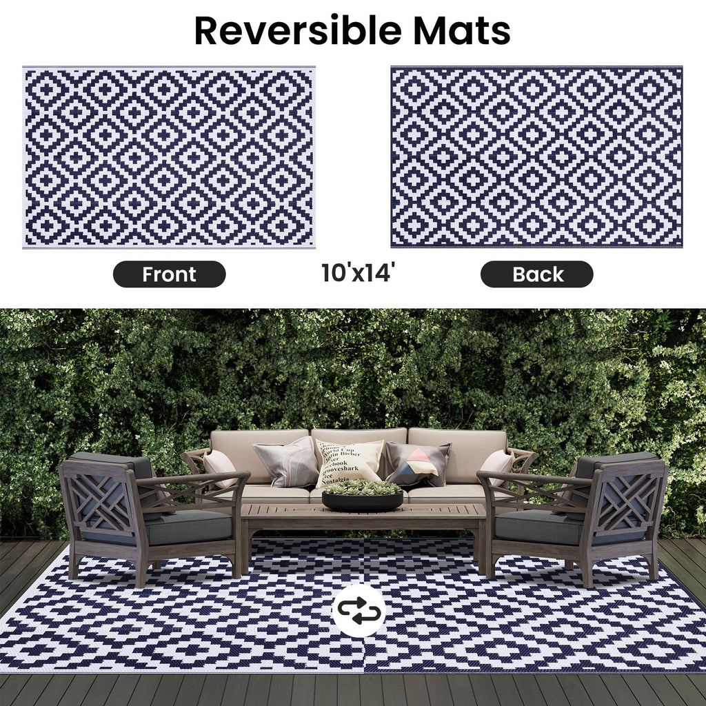 Outdoor Rug 10x14 ft Waterproof Reversible Boho Mat, White & Navy
